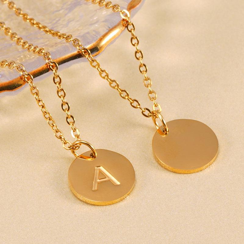 18K Gold Stainless Steel Minimalist Letter Necklace with 26 Round Pendant Options