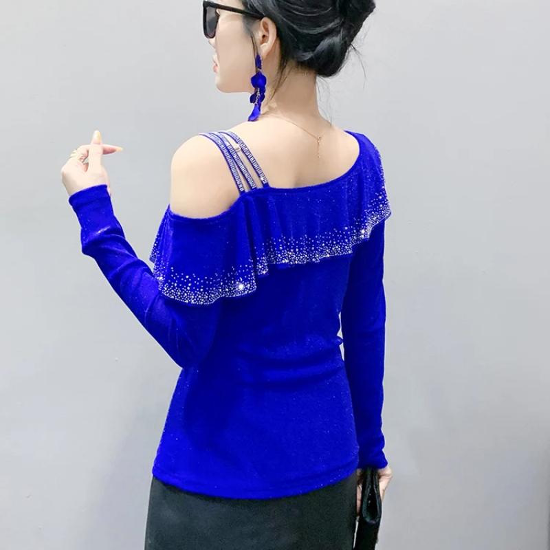 Spring Autumn Streetwear Spring Sexy Off Shoulder Women's T-Shirt Elegant Slim Design Tops Female Chic Ruffles Hot Diamonds Tees