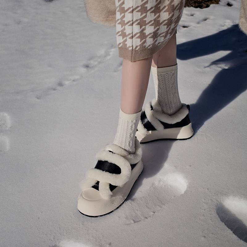 Cow Split Leather Keep Warm Winter White Sneakers Platform Women Artificial Wool Casual Shoes