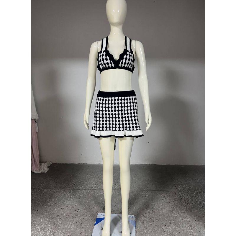 

Elsa European and American New Seaside Holiday Style Bikinis Leisure Vest Sling Top Skirt Knitting Suit Women Black S