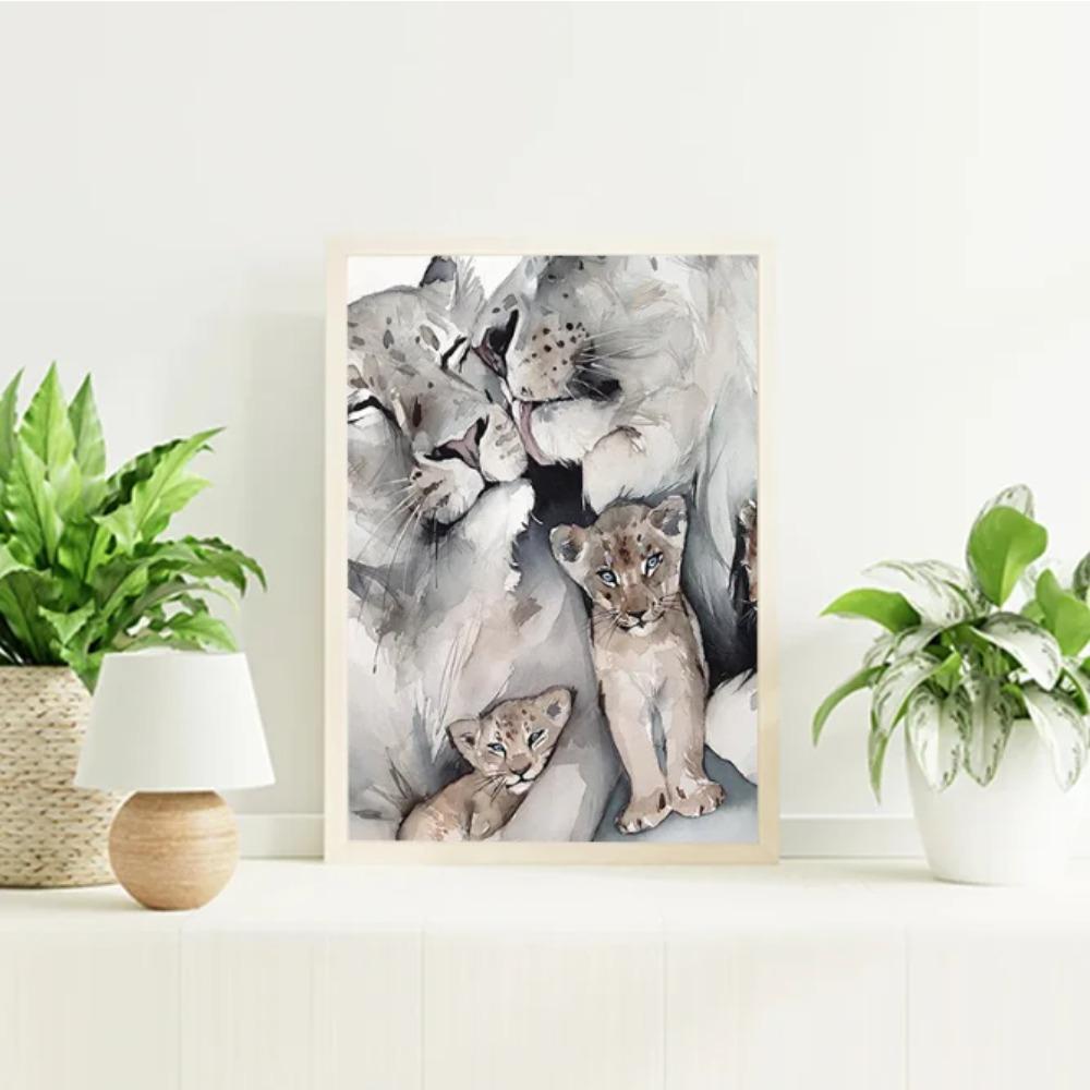 Modern Animal Wall Art Poster Loving Lion Family Canvas Painting Print for Living Room Picture Home Wall Decoration Cuadros