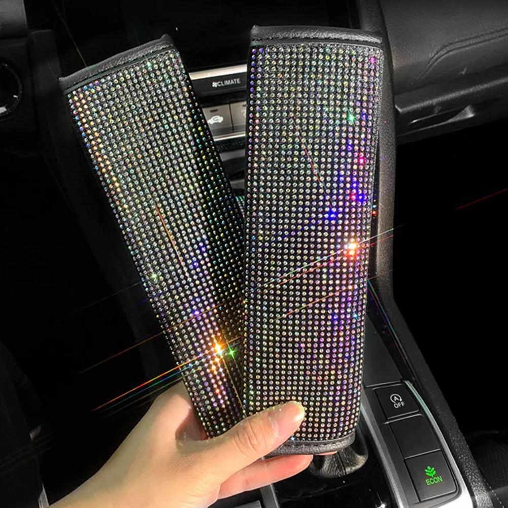 2PCS Bling Rhinestone Crystal Universal Car Seat Belt Pads Cover Soft Comfort Plush Shoulder Strap Harness Pad for Car Bag 2Pack