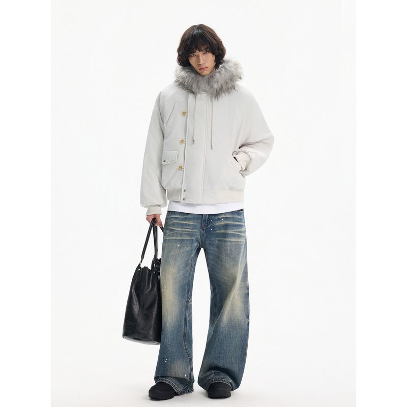 Blaexit Gray Wolf Fur Collar Ma1 Parka Men's Thickened Mountain Eagle Jacket with Fleece Lining Warm Workwear Cotton Coat