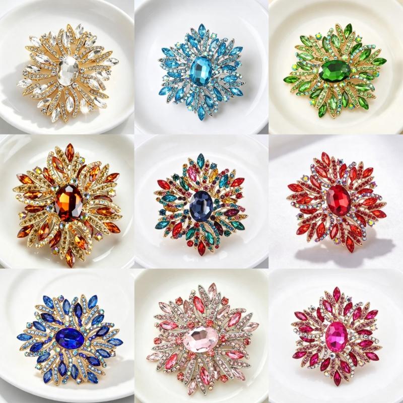 Multicolor Rhinestone Flower Brooch Shiny Crystals Gold Plated Frame For Wedding Party Formal Outfit Accessories