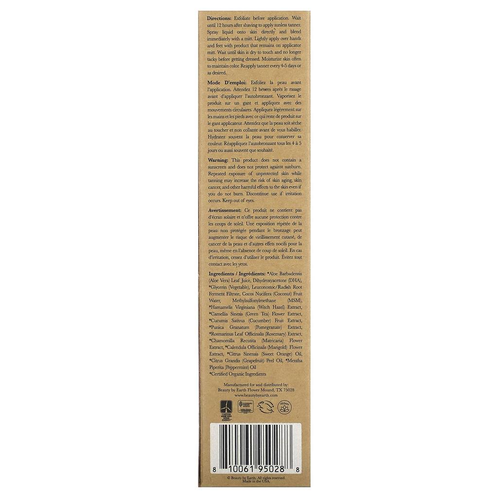 Beauty By Earth Self Tanner, Body Tanning Spray, Citrus Mint, 6 Fl Oz (177 Ml)