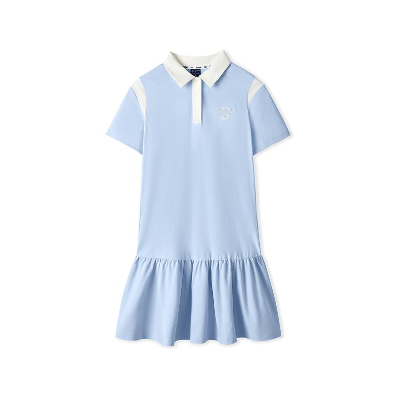 Skechers Sport Life Series Logo Color Block Polo Collar Short Sleeve Dress Women dresses Xenon-Blue L225W120-0356