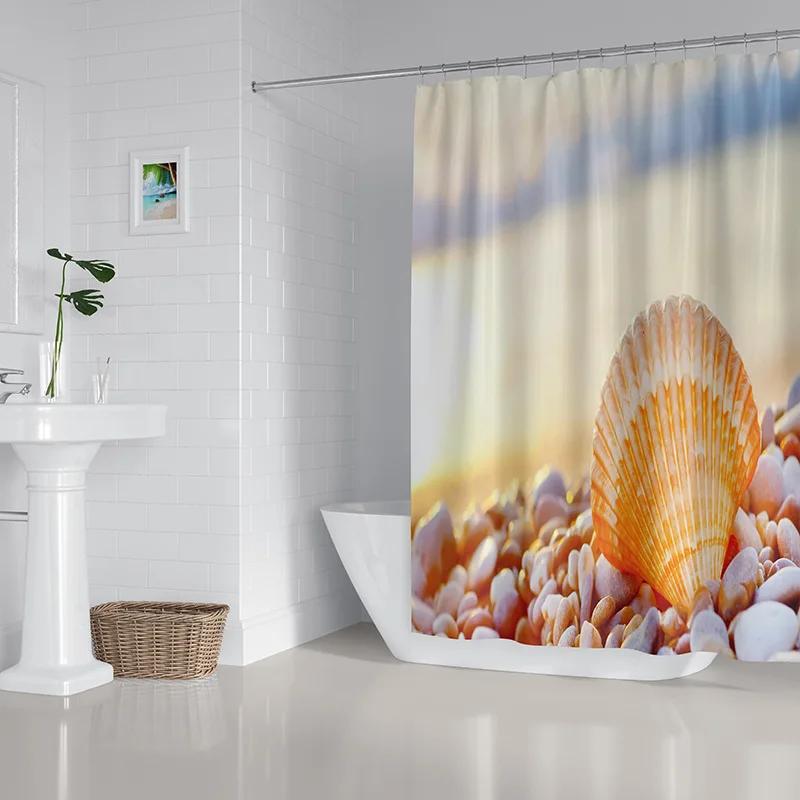 2022 New Shower Curtain Starfish Beach Pattern Bathroom Partition Waterproof  Coconut Sea View Polyester