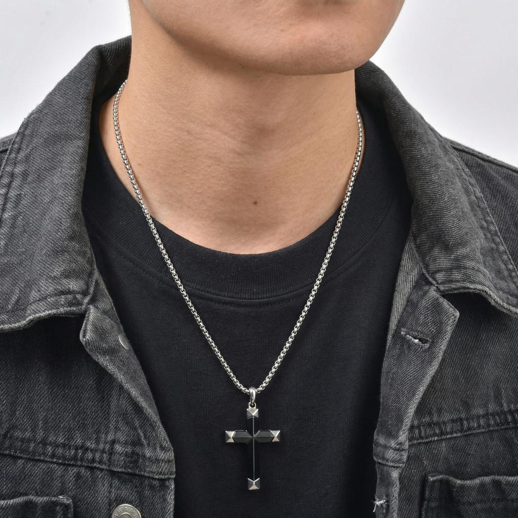 Vnox Natural Black Onyx Cross Necklace for Men, Stainless Steel Pendant Box Chain, Religious Jewelry Gift for Husband Father Son