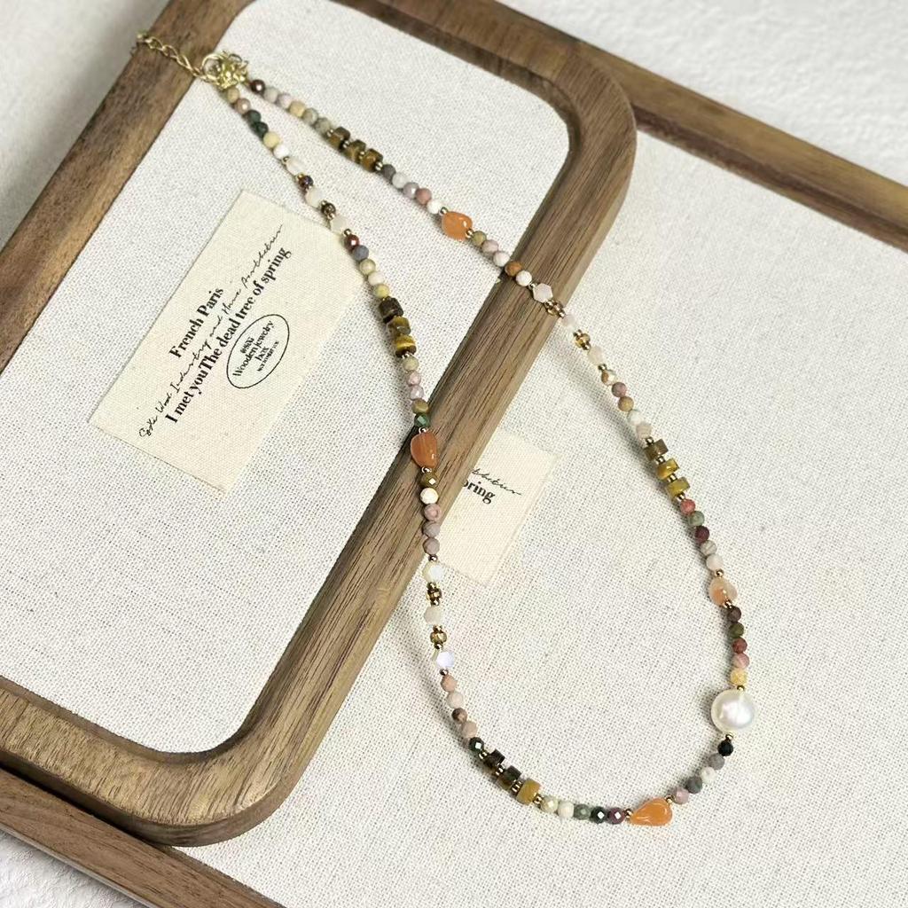 Retro Beaded Necklace with Egg Yolk Stone, Freshwater Pearl, and Clavicle Chain in Ethnic Style
