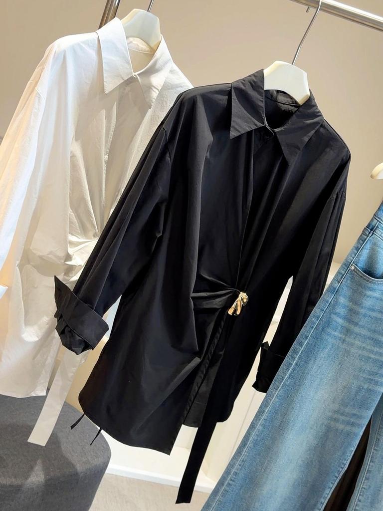 Spring 2026 French-Inspired Slimming White Long-Sleeve Mid-Length Shirt for Women