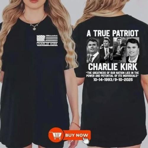 Charlie Kirk Shirt True Patriot 1993-2026 Rip Memorial American Flag T-Shirt M