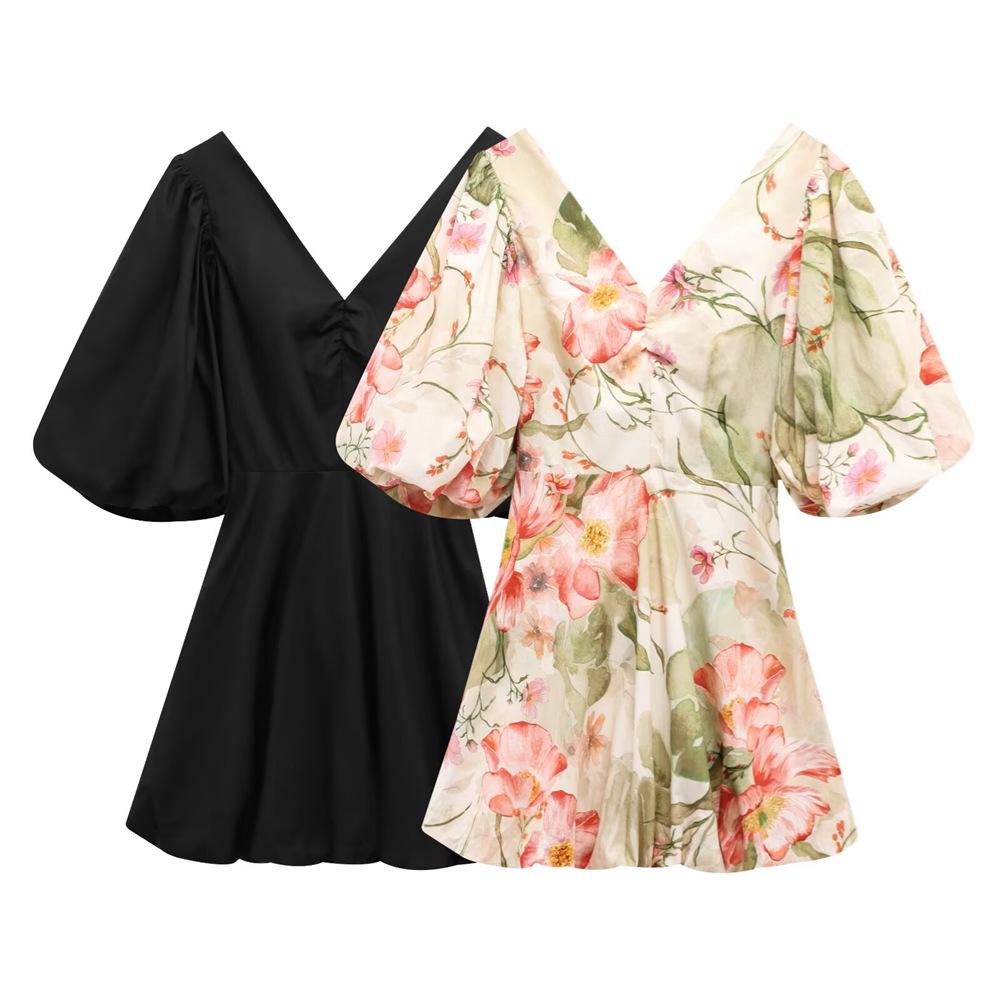 

2025 Spring/Summer Women s V-Neck Puff Sleeve Backless Bow-Tie Short Dress M цветочный