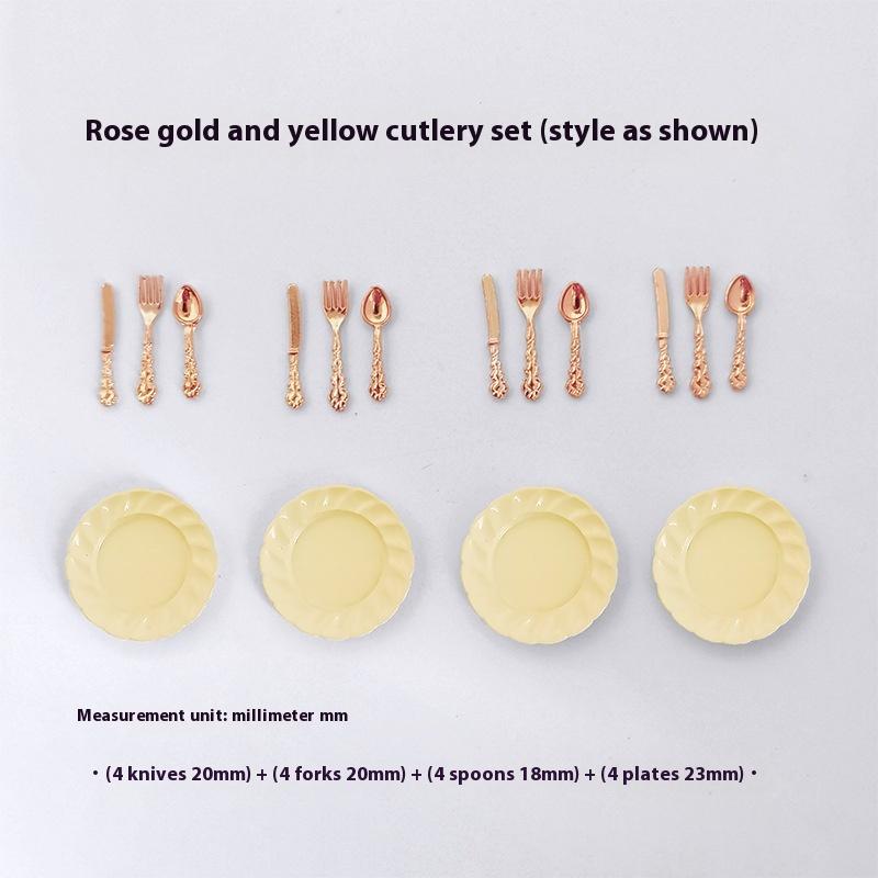 1/12 Scale Miniature Dollhouse Cake Dish with Knife Fork Spoon Set - DIY Decoration Doll House Accessories for 1/12 Scale Models