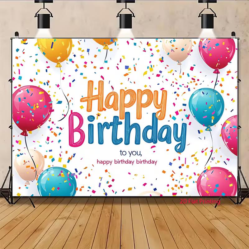 2D Vibrant Confetti Birthday Backdrop with Colorful Balloons for Birthday Party Photo Booth