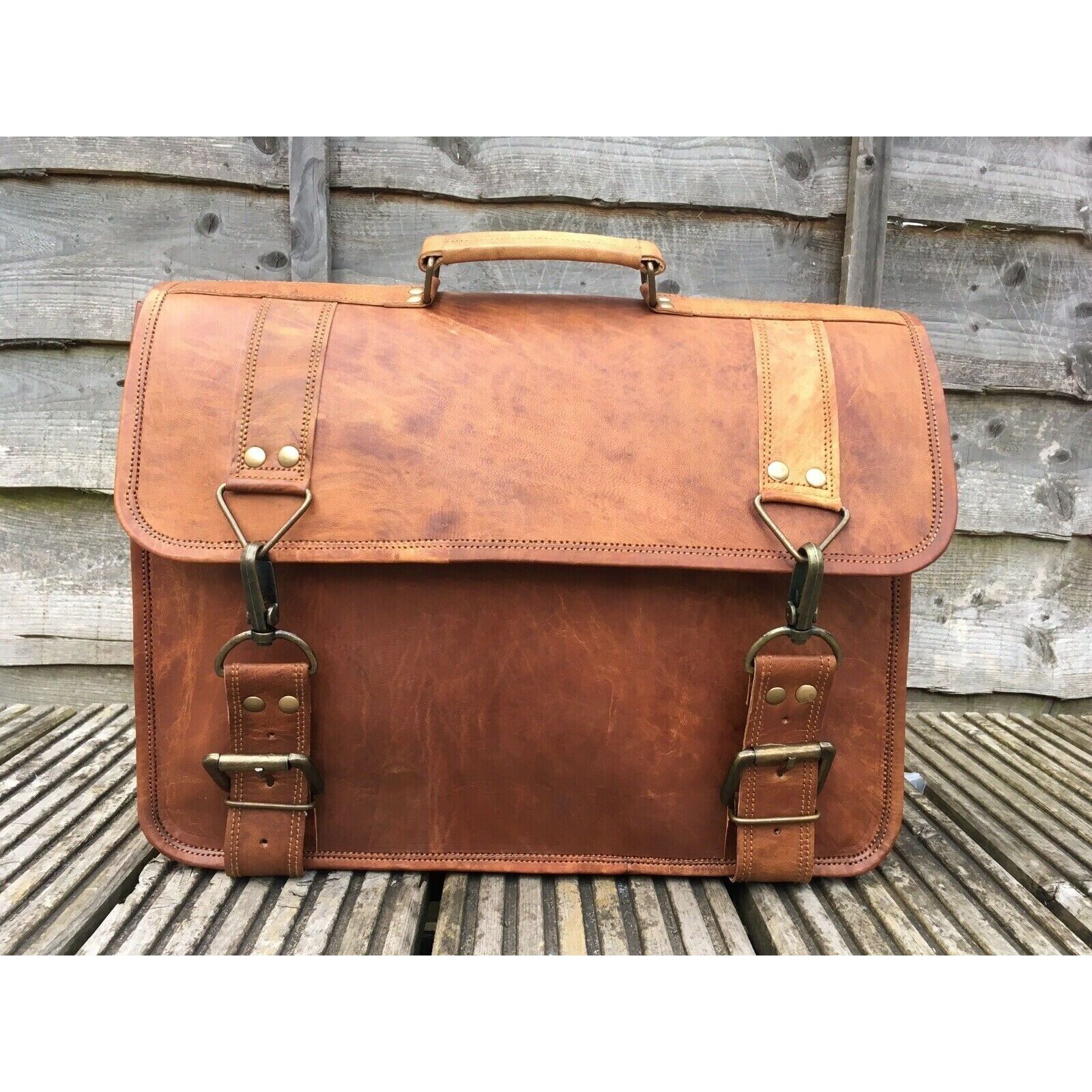Мужская настоящая винтажная дорожная коричневая новая сумка из козьей кожи 11 x 15 x 5 — фото 6