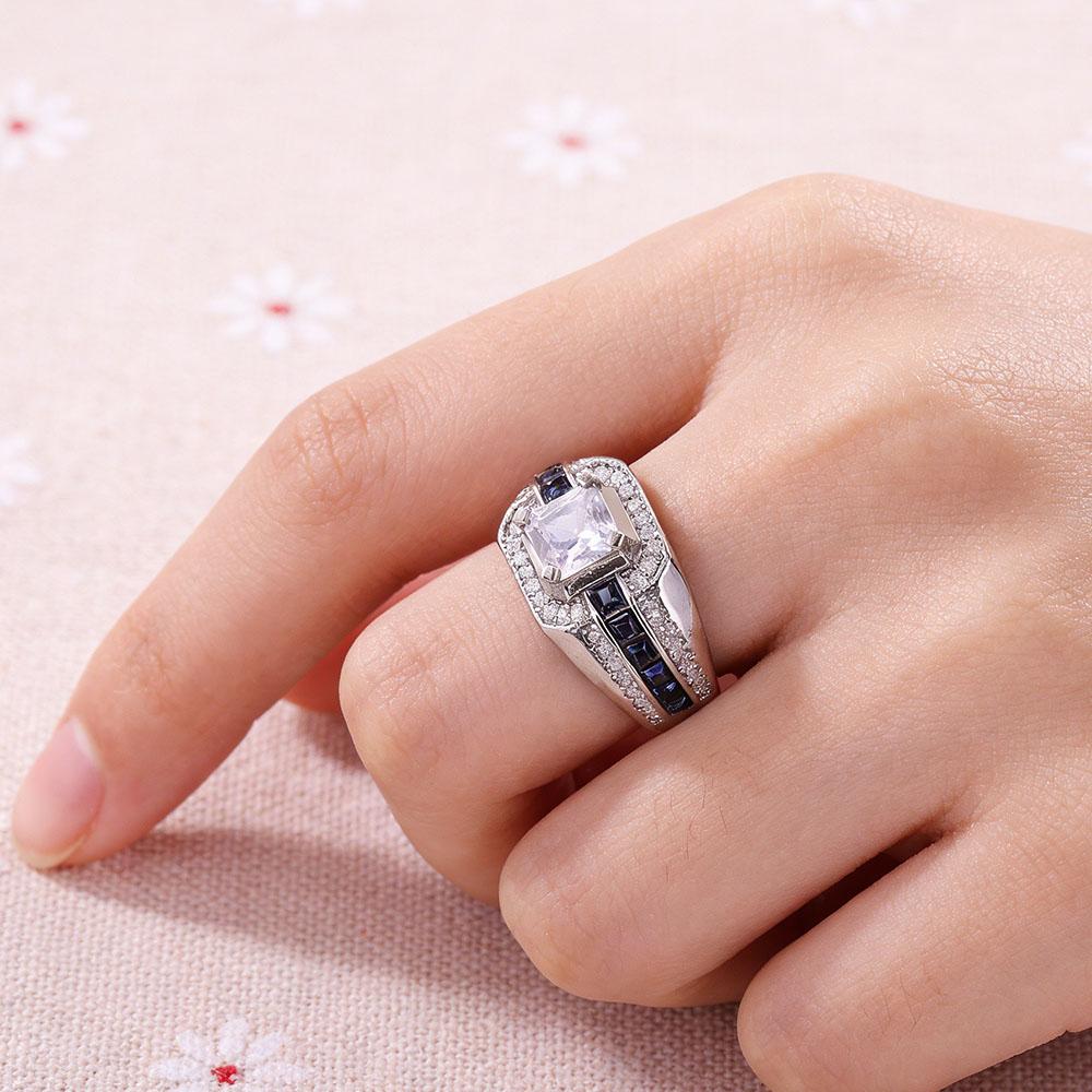Square Cut White CZ Ring - CopperTone Blue Sapphire Accent Pave Statement Ring for Men & Women