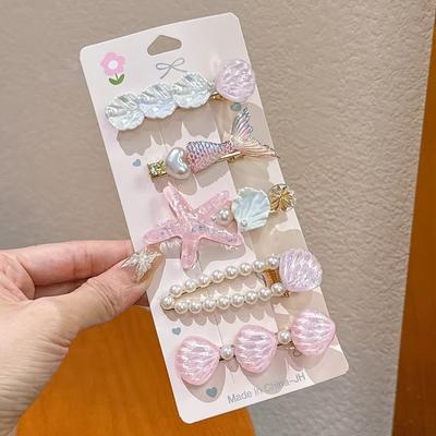 5Pcs Ocean Mermaid Hair Clips, Starfish Shell Pearl Design, Daily & Party Hair Accessories