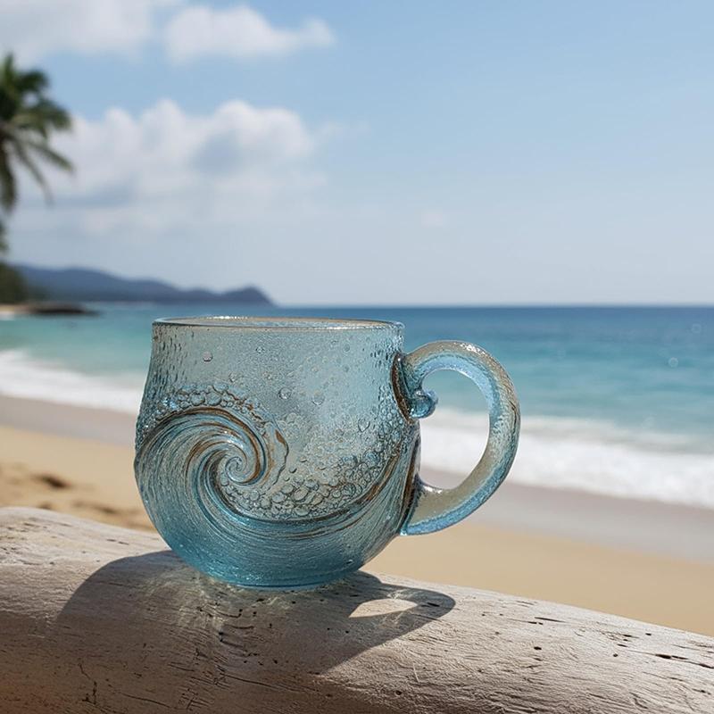 Sea Glass Wave Mug 12 Oz Handblown Ocean Wave Glass Mug Cup Unique Textured Beach Theme Mug For Tea Wine Handcrafted Sea Inspire