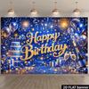 2D Blue Gold Glitter Happy Birthday Backdrop, Champagne Cake Party Banner