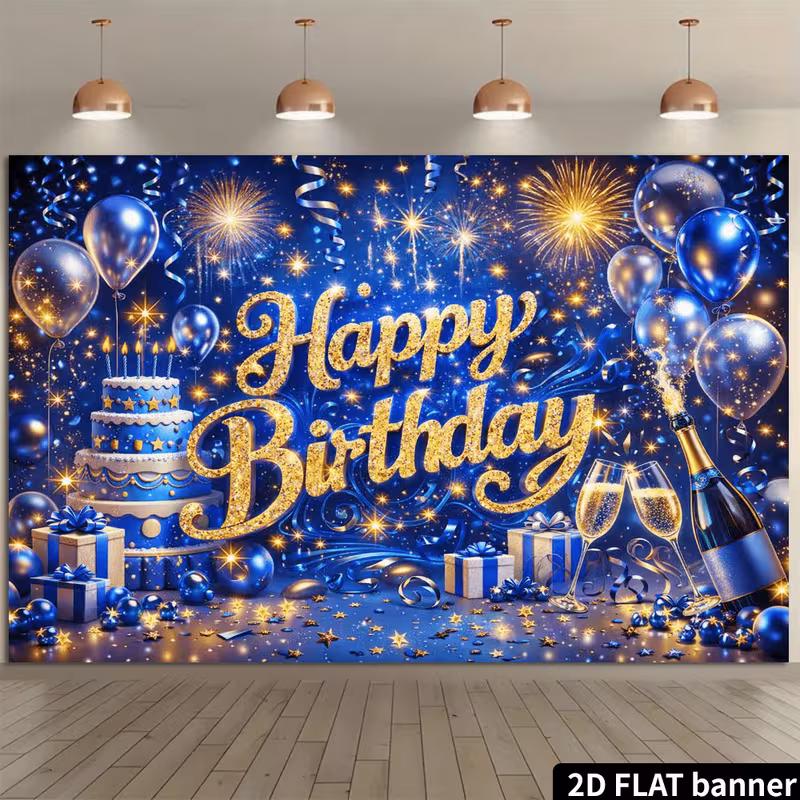 2D Blue Gold Glitter Happy Birthday Backdrop, Champagne Cake Party Banner