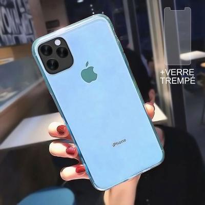 Case for iPhone 12 Mini - BRAND - Flexible Silicone - Semi-Transparent Blue - 2 Tempered Glass - Shockproof