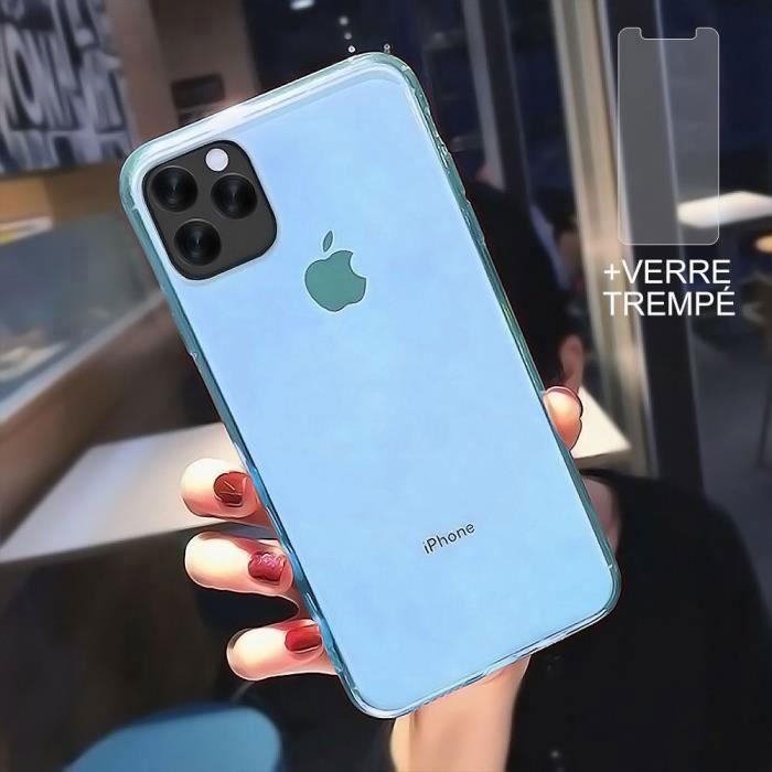 Coque et Verre Trempé - pour iPhone 12 - Souple Silicone - Bleu - Anti-choc - Anti-rayure