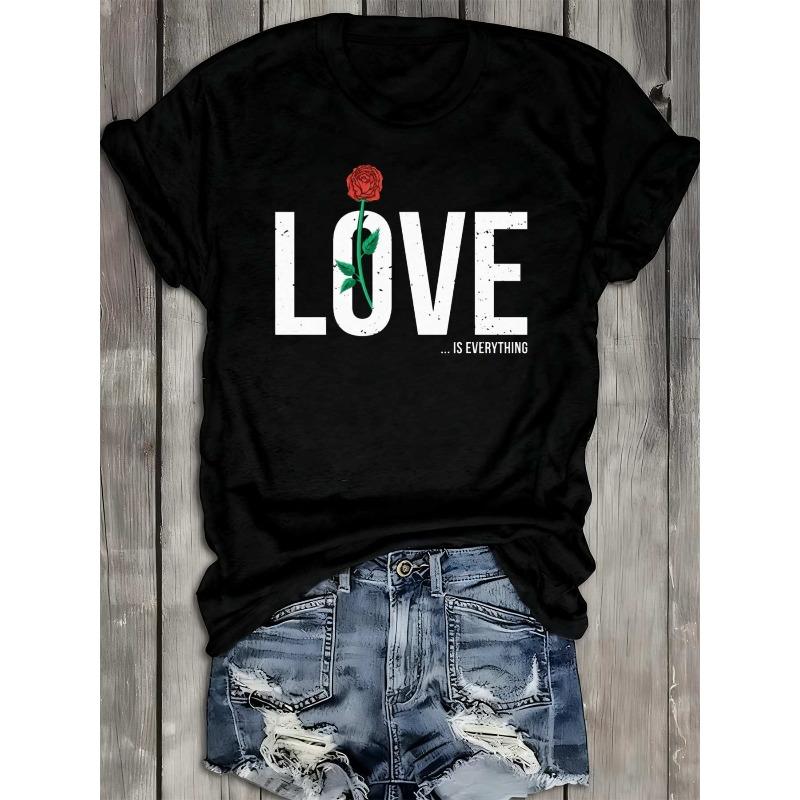 

European Size Women S Funny Love Rose & Love Is Everything Graphic T-Shirt Casual Short Sleeve Round Neck Black Top with Lettering & Red Rose Print 4XL чорний