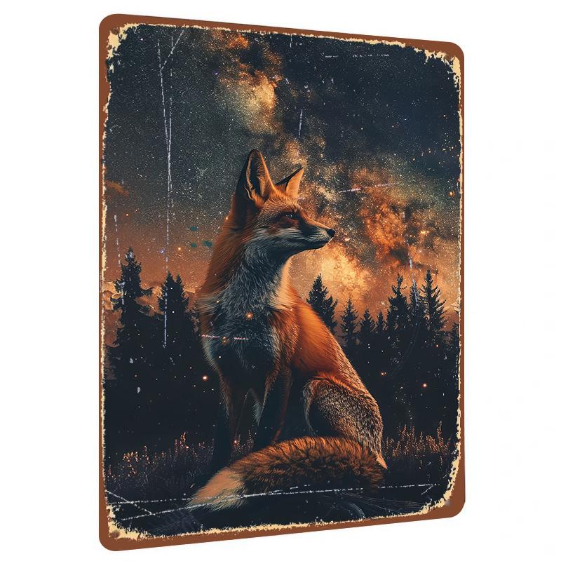 

Fox Silhouette Metal Wall Art Under Starry Sky Forest Animal Galaxy Night Decorative Painting Home Decoration 20x30cm（7.8x11.8inch）