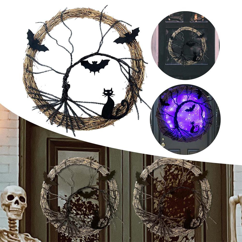 Halloween Wreath Battery Operated LED Purple Light Wreath with  Rope Halloween Hanging Decor Best Gifts for Front Door