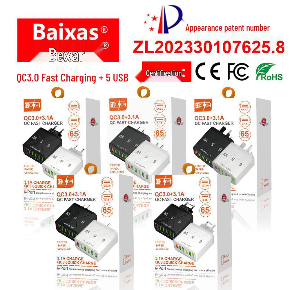 65W QC3.0 6-Port USB Fast Charger for Mobile Phones - US/EU/UK Standard