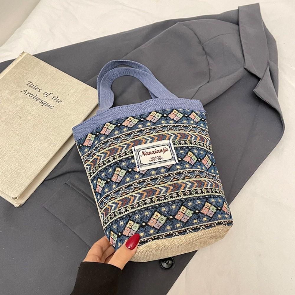 

New Hand-Carrying National Style Tote Bag Flower Printed Linen Bohemian Handbag Lightweight Underarm Bag Women синий