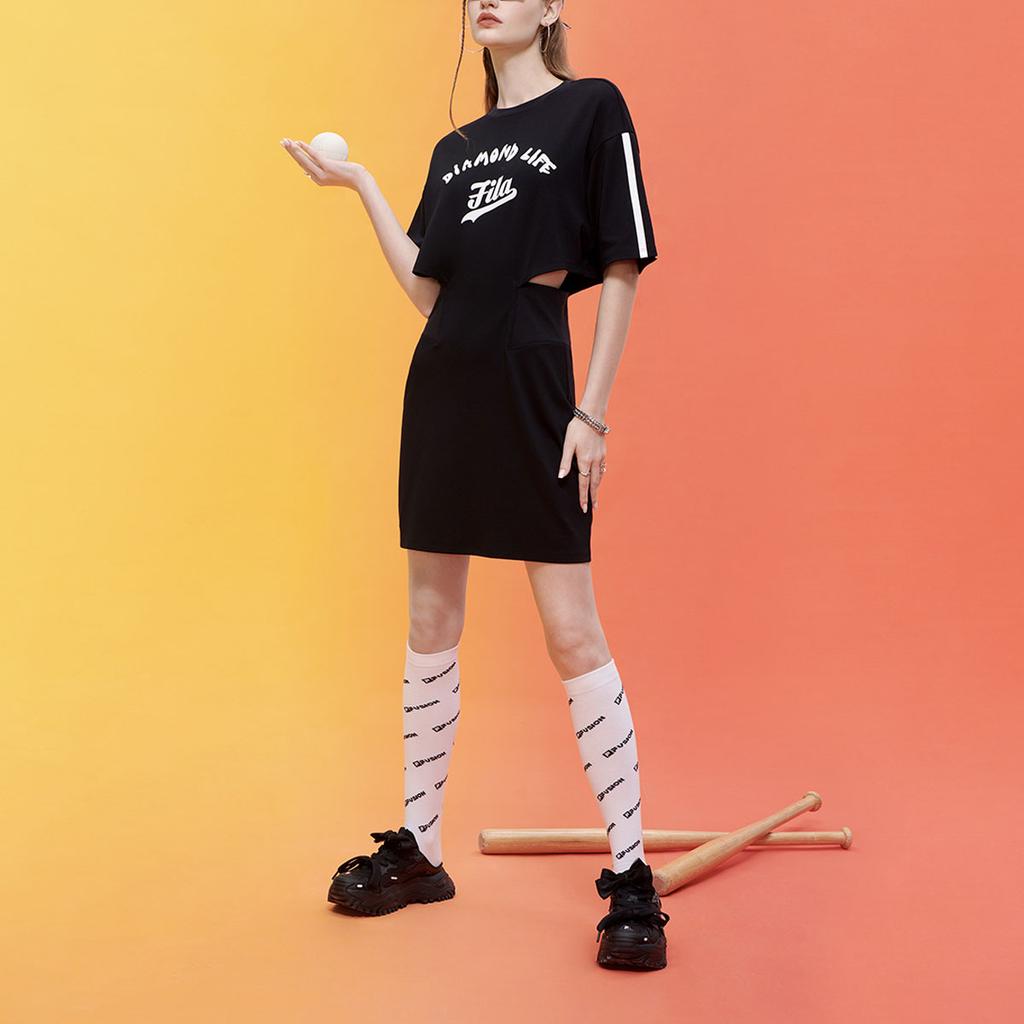 Fila Fusion Inline Letter Print Trendy Sports Slim Fit Short Sleeve Dress Women Dresses Black T11W332306F-BK