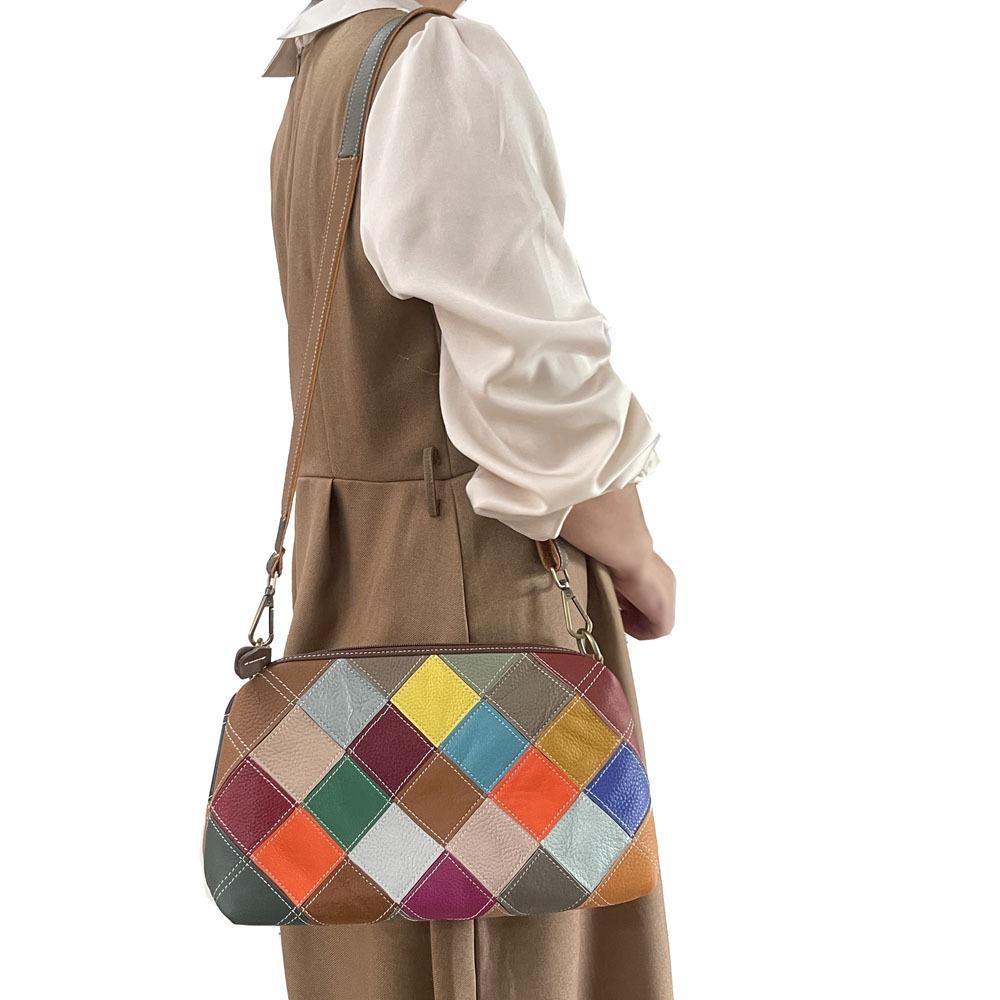 Women'S Handbag Color Leather Splicing Plaid Handbag One Shoulder Messenger Bag