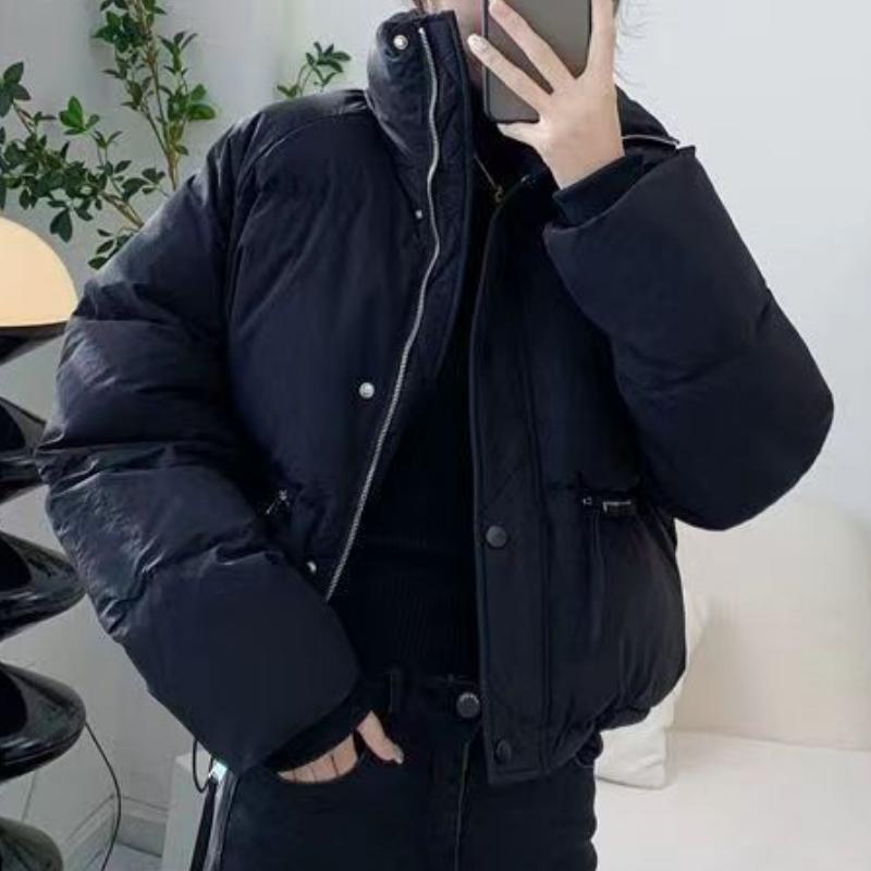 IHUASU Short Section Stand-up Collar Down Cotton Jacket Women's Simple Loose Version of The Zip Bread Clothing Jacket Solid Colour