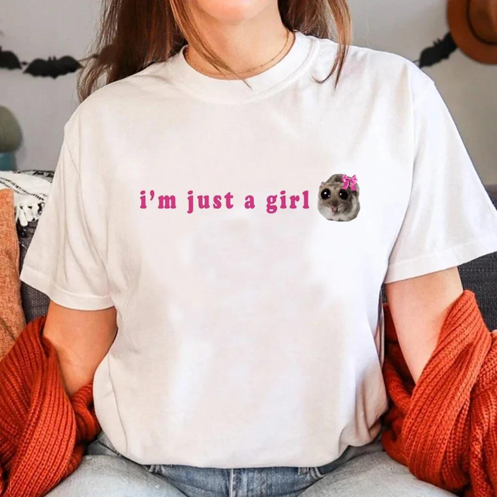 24ss Girls Funny T-shirt Sad Hamster Graphic Print Clothing I'm Just A Girl Letter Tops Humour Patterns Streetwear White Blouse