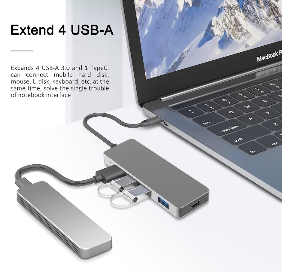 Multifunction 5 in 1 USB-C Docking Station with 4K HDTV USB3.0 5V Charging Aluminum Alloy Laptop & Phone Hub Adapter in Stock