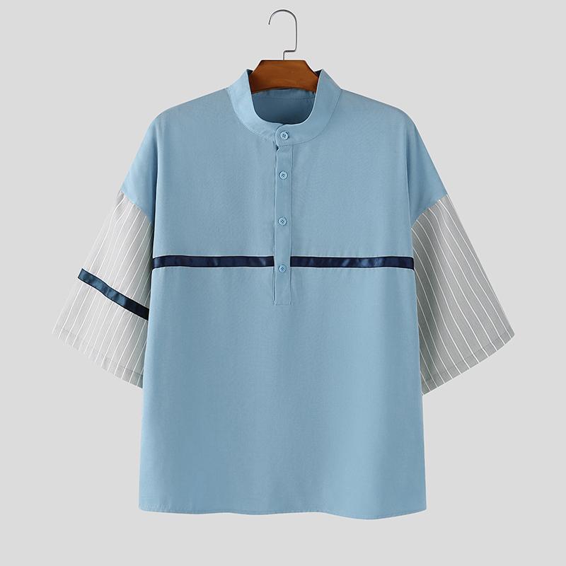 INCERUN Oversized Men Casual Loose Half Sleeve Stitching Striped Shirts
