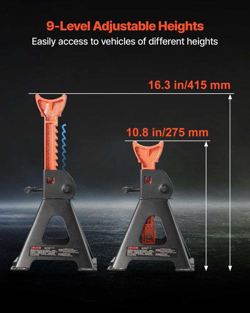 Jack Stands, 3 Ton (6,600 lbs) Capacity, 275-415 mm Adjustable Height, Heavy Duty Steel Jack Auto Stands with Locking, for Lifting SUV, Pickup, Car