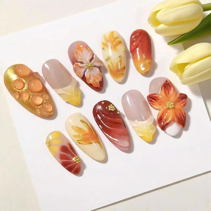 Pink French Tip Press on Nails Medium Almond Fake Nails with 3D Flower Designs Glossy Acrylic False Nails Golden Bead Artificial Glue on Nail