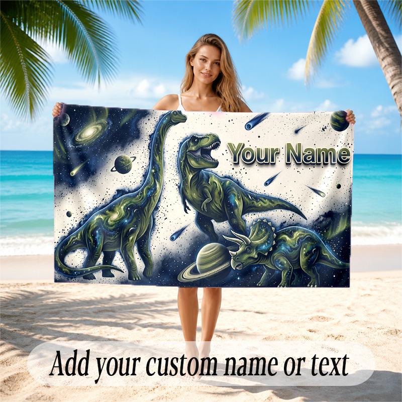 Dinosaur Theme Quick Dry Beach Towel Custom Name Text Print Large Sand Resistant Towel Beach Vacation