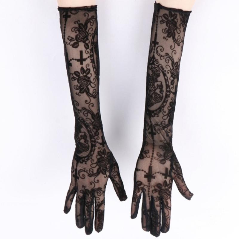 Lace Gloves Skeleton Crosses Design Role Playing Glove For Halloween Costume Parties And Gothic Fashion Accessories