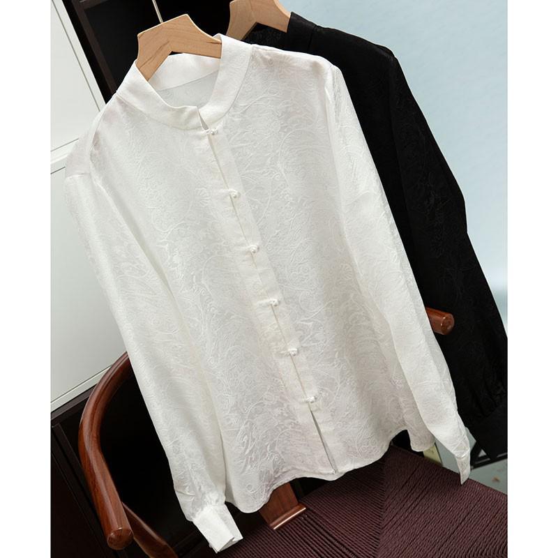 Elegant Silk Jacquard Floral Stand Collar Long-Sleeve Shirt for Women