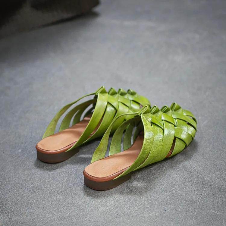 Johnature Genuine Leather Woven Breathable Peep Toe Flat Slippers Casual And Versatile Women's Slip-on Shoes