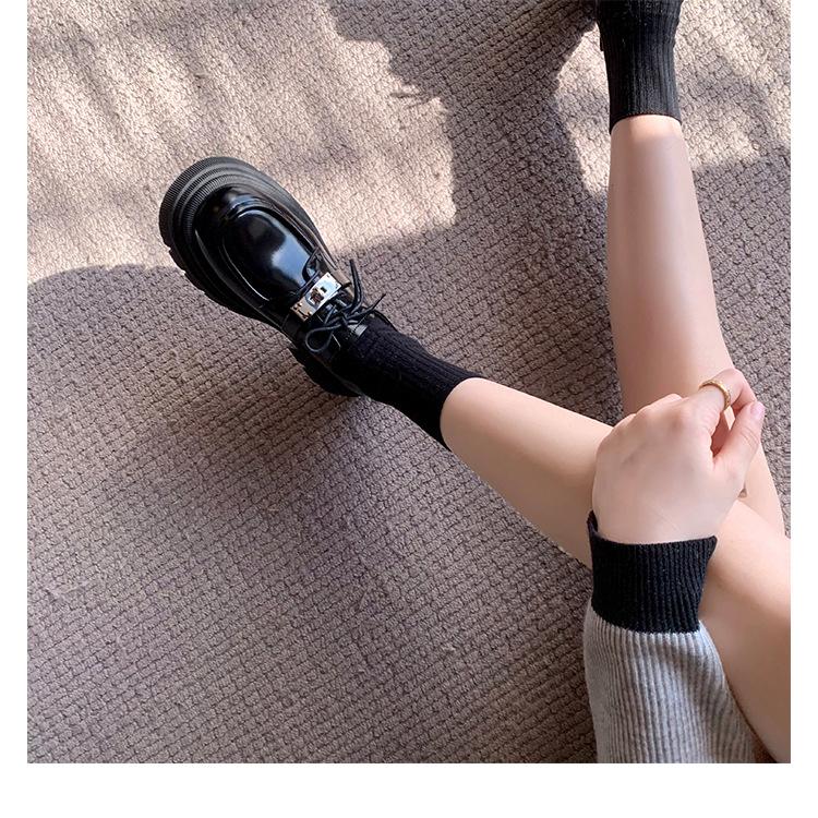 Leather loafers women's spring and autumn lace-up platform muffin heel single shoes British style black small leather shoes 827