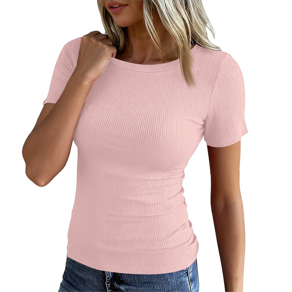 Ladies Slim Bottom T-shirt Fashion Casual Colour Round Neck Pullover Short Sleeve Top