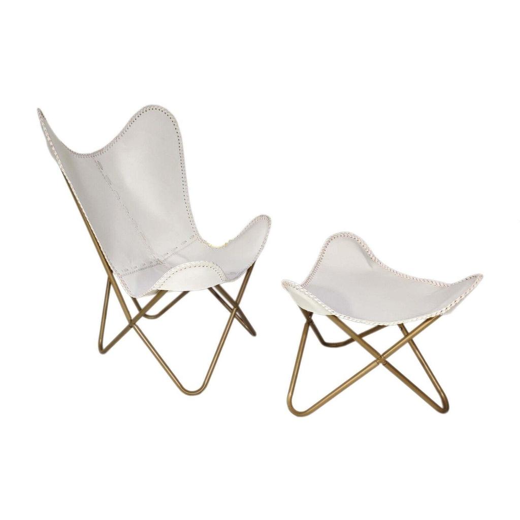 Handgefertigter Butterfly-Sessel aus Leder mit Ottomane – weißer Loungesessel/Hocker
