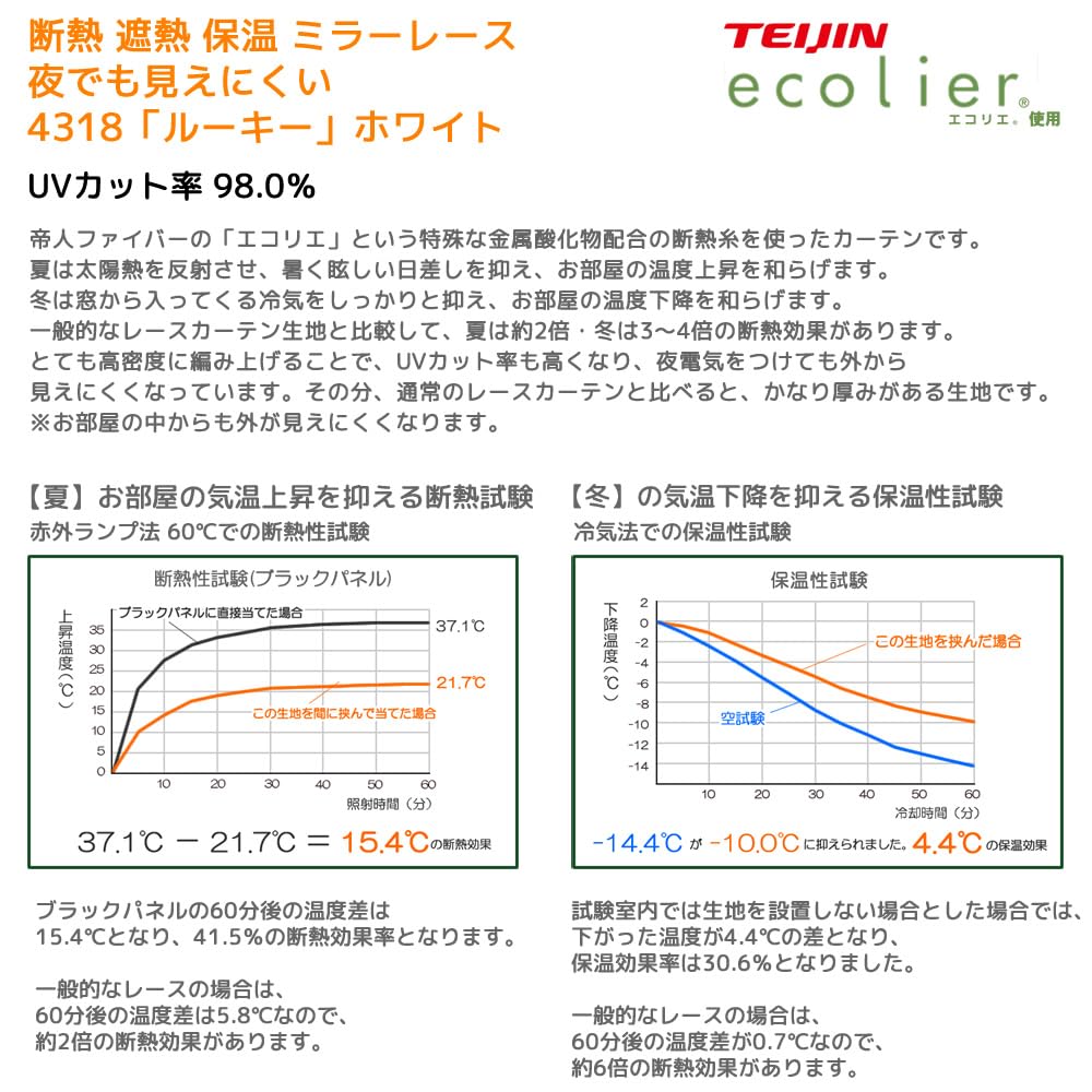 Lace curtains with mirrored UV thermal and nighttime 4318 Rookie 100cm wide x 176cm set of and Improved heating and cooling mirrors, 98.0% protection,