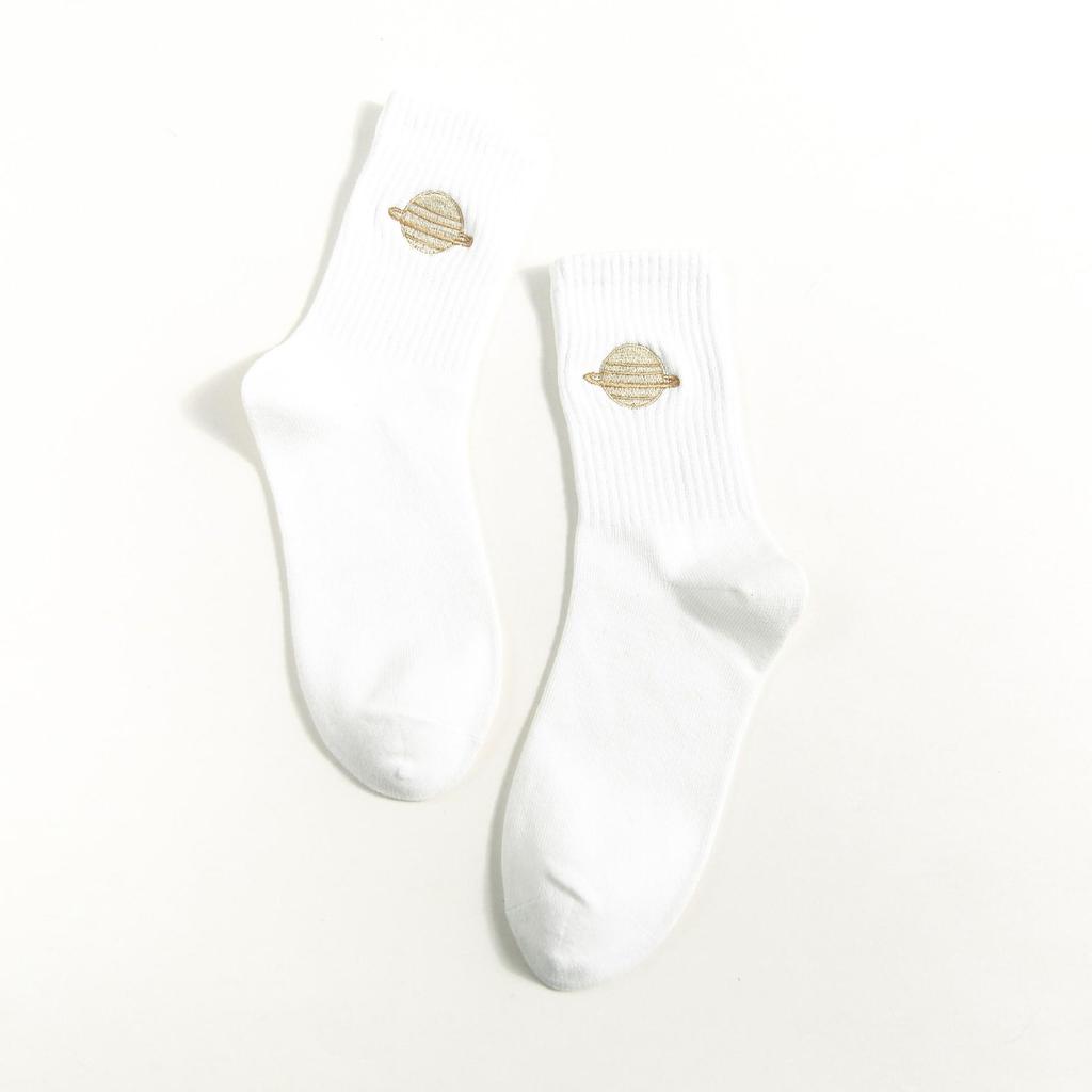 Trendy Women's Planet Embroidery Mid-Calf Cotton Socks - Korean Academy Style