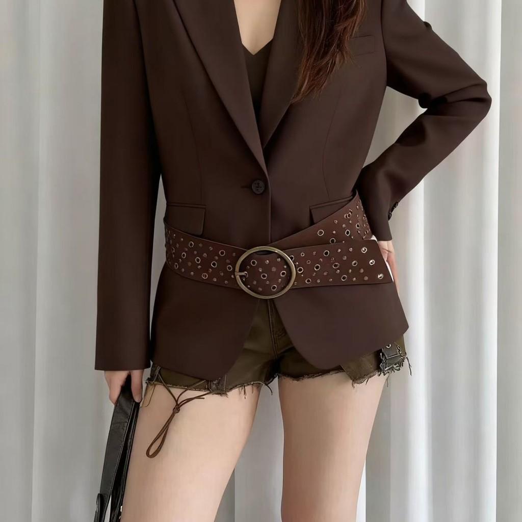 Retro Street Style Leather Belt With Rivet Embellishments For Women