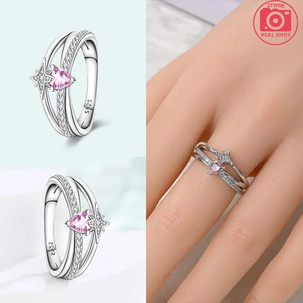 Authentic Original Copper Metal High Quality Fine Jewelry Pink Heart Love Star Blue Zircon Rings High Quality Fine Anniversary Luxury Delicate Rings 6